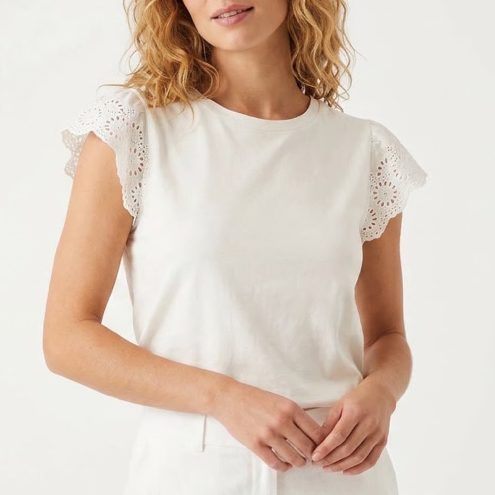 Ann Taylor Factory White Eyelet Flutter Sleeve Knit Crew Neck Top Large